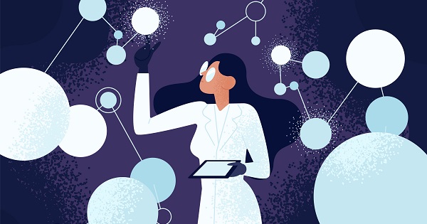 Scientist with a tablet surrounded by linked circles and choosing one