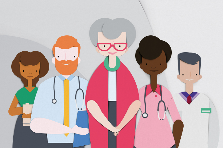 An illustration of a group of patients and professionals