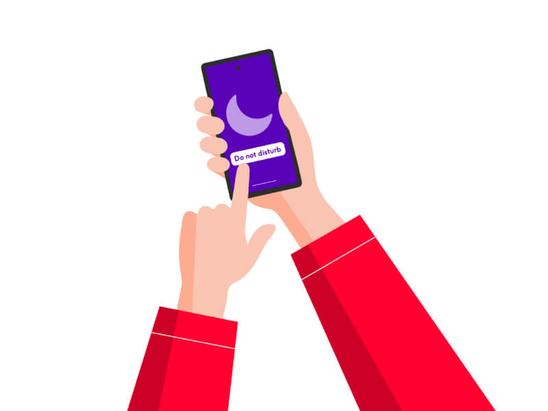 Illustration of hands holding a phone and clicking on the "Do not disturb" setting
