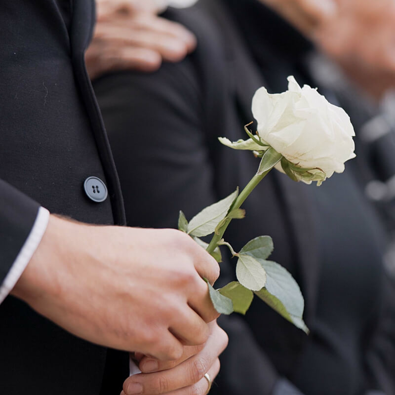 Hands holding a white rose at a funeral