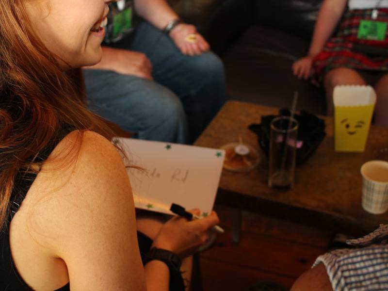 People sitting round a coffee table doing a quiz