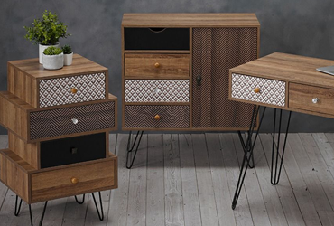 Three items of brown furniture: a side table with two drawers, a small bedside cabinet with four drawers and a larger cabinet with one door sat beside 3 drawers