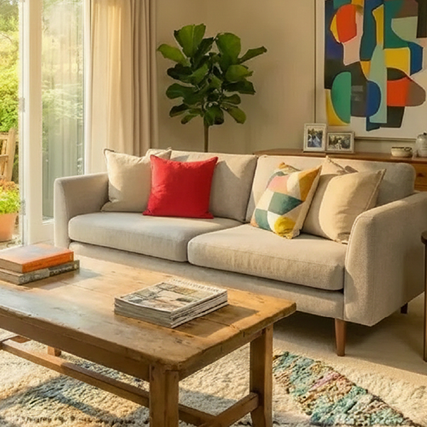 A living room with a sofa, colourful cushions, minimalist artwork on the wall and a table. A soft light is coming in through the window.
