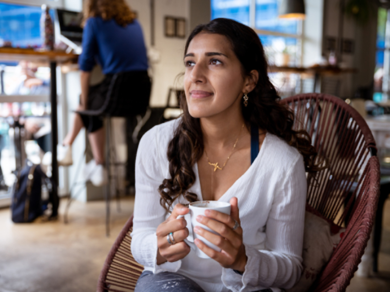 Faiza in a coffee shop