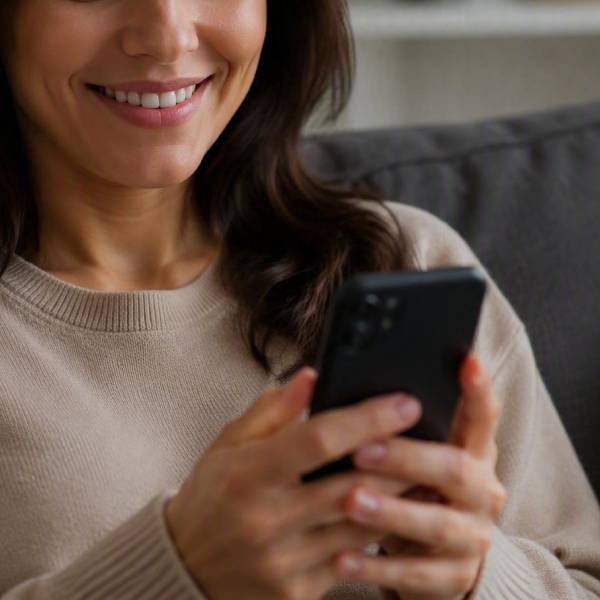 A woman smiling as she uses a smartphone