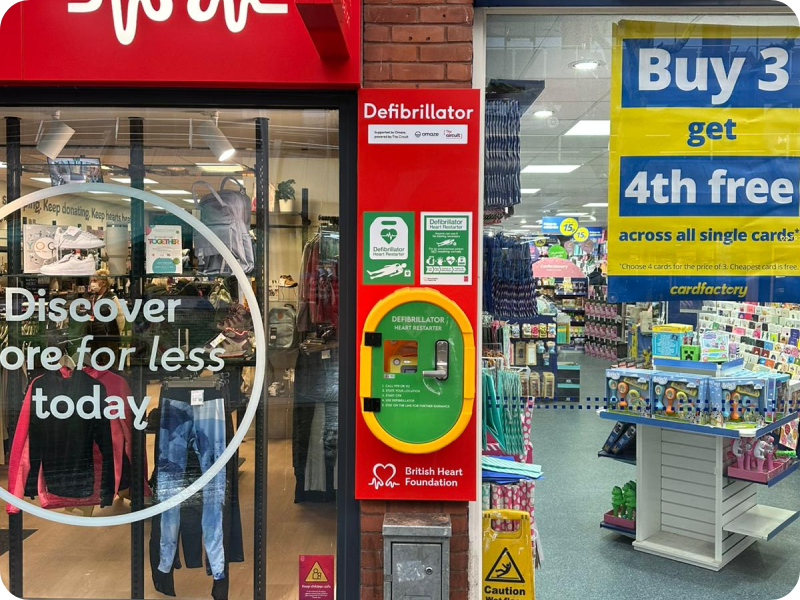 A defibrillator mounted on a brick wall with Omaze, BHF and The Circuit logos, between a BHF store and a Card Factory store.