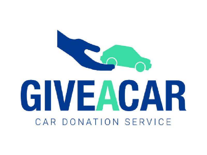 The Give A Car logo. Above the writing is a cartoon hand holding a car. Give a car is written in blue and green writing. Underneath the company name is the text 'Car donation service'. 