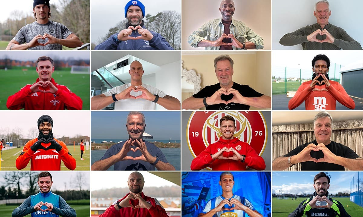 A collage of football players and managers smiling and making heart shapes with their hands to show support for BHF.