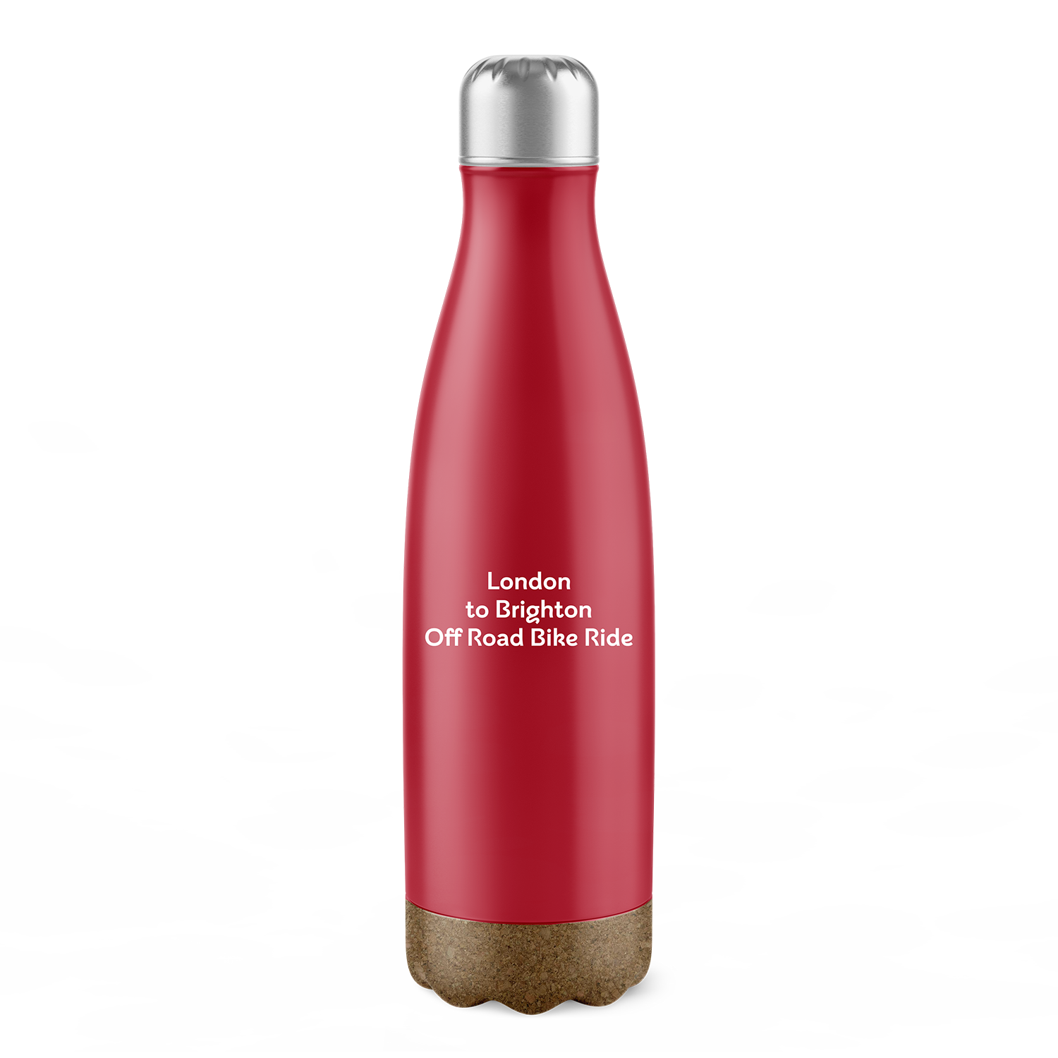 Red metal water bottle with 'London to Brighton Off Road Bike Ride' in the middle in white text