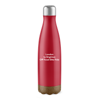Red metal water bottle with 'London to Brighton Off Road Bike Ride' in the middle in white text