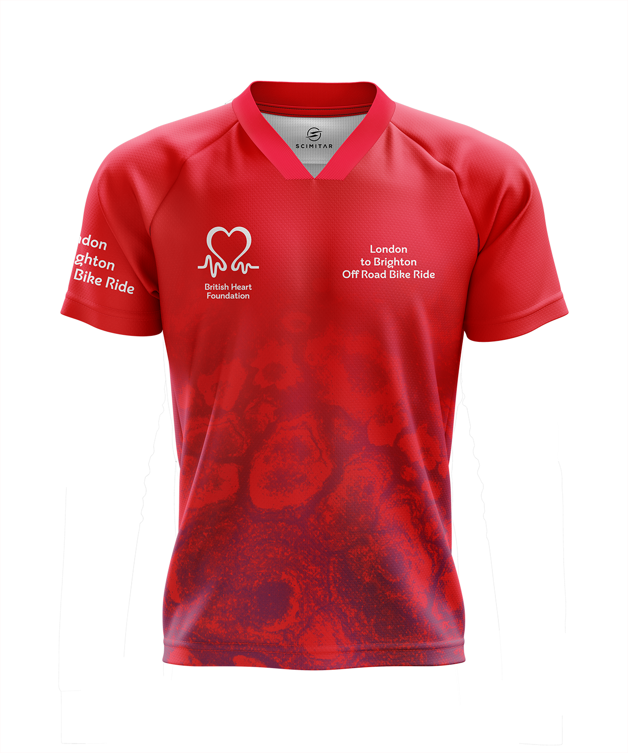 Red MTB top with BHF logo and 'London to Brighton Off Road Bike Ride' in white text