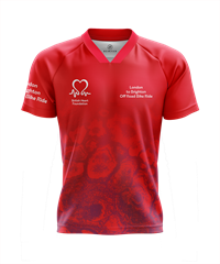 Red MTB top with BHF logo and 'London to Brighton Off Road Bike Ride' in white text