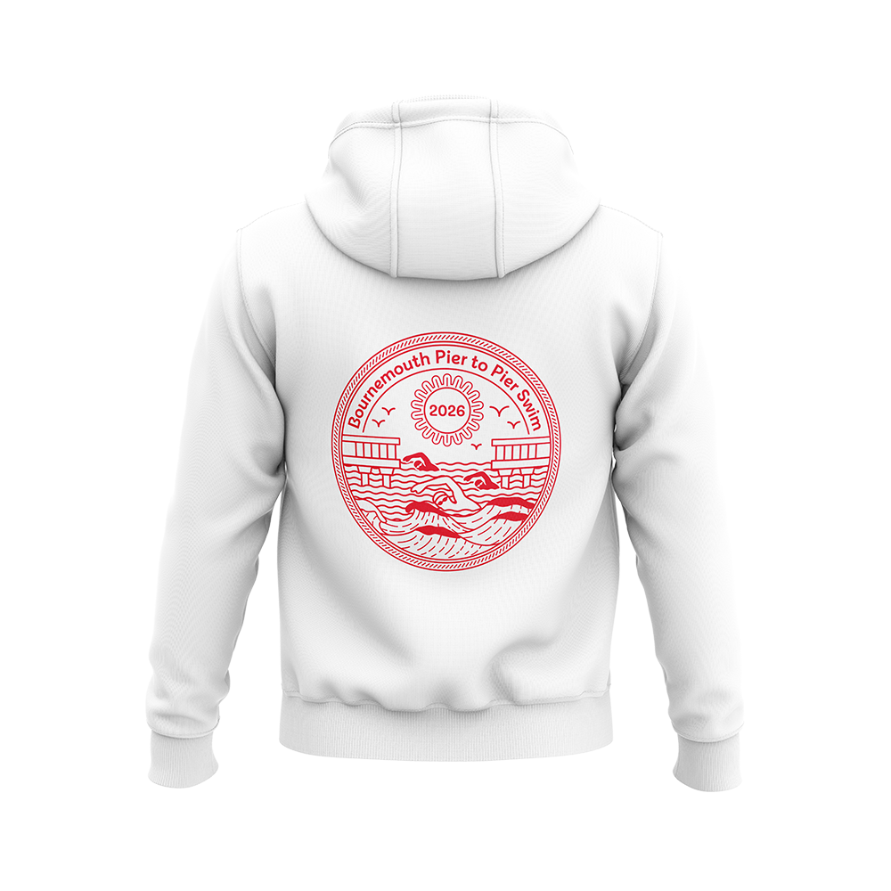 Back of a white Pier to Pier Swim 2026 hoodie