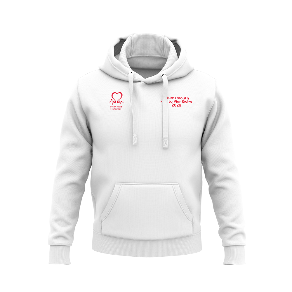 Front of a white Pier to Pier Swim 2026 hoodie