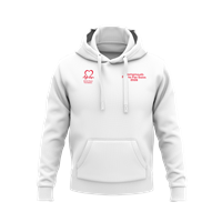 Front of a white Pier to Pier Swim 2026 hoodie
