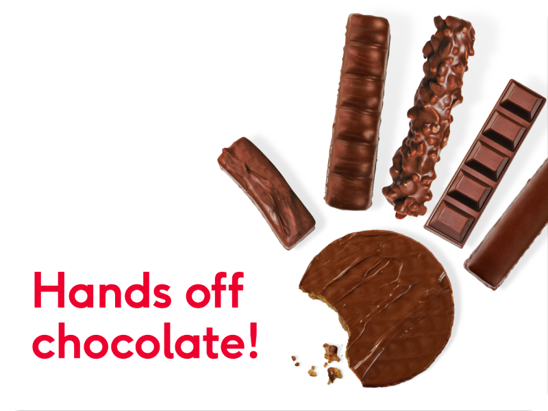 Dechox logo: "Hands off chocolate" beneath a hand made from chocolate bars.