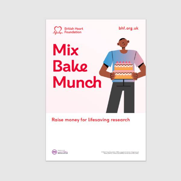 Bake sale fundraising poster, which features an illustration of a person holding a cake