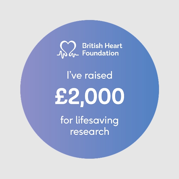 Circular 1x1 social media badge saying 'I've raised £2,000 for lifesaving research'.
