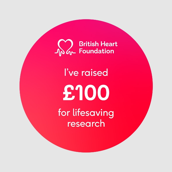 Circular 1x1 social media badge saying 'I've raised £100 for lifesaving research'.
