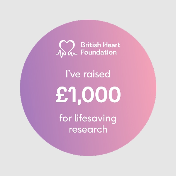 Circular 1x1 social media badge saying 'I've raised £1,000 for lifesaving research'.