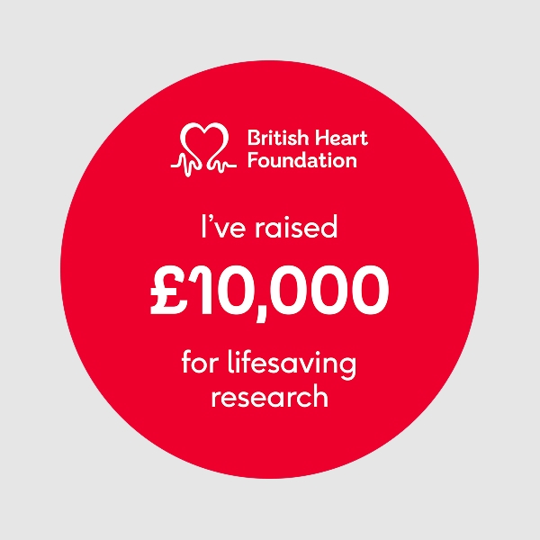 Circular 1x1 social media badge saying 'I've raised £10,000 for lifesaving research'.