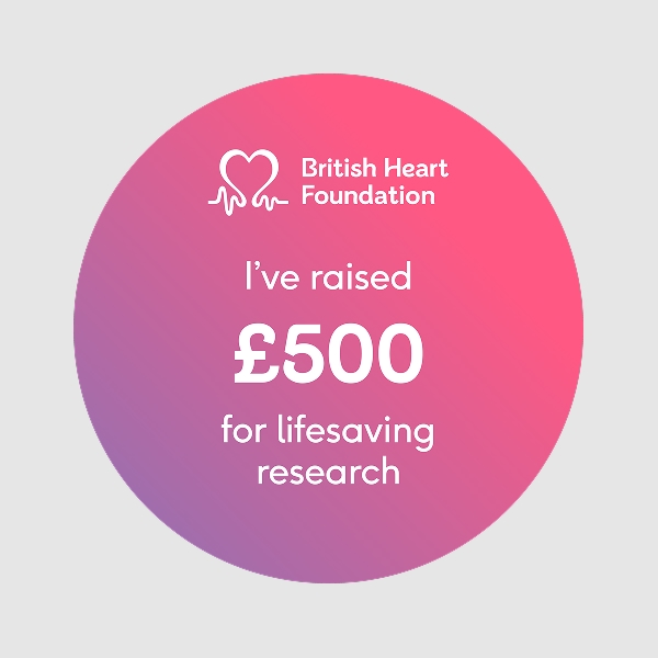 Circular 1x1 social media badge saying 'I've raised £500 for lifesaving research'.