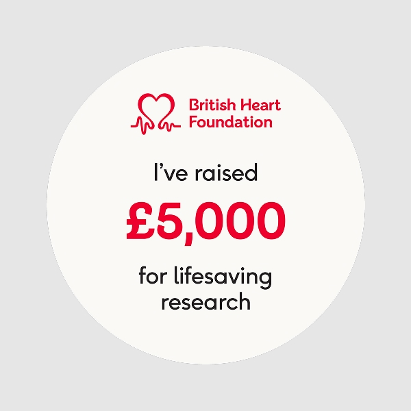 Circular 1x1 social media badge saying 'I've raised £5,000 for lifesaving research'.