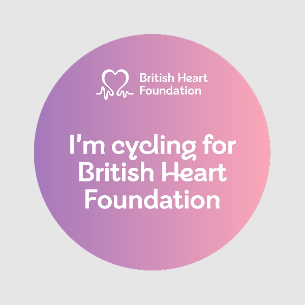 Circular 1x1 social media badge saying 'I'm cycling for British Heart Foundation'