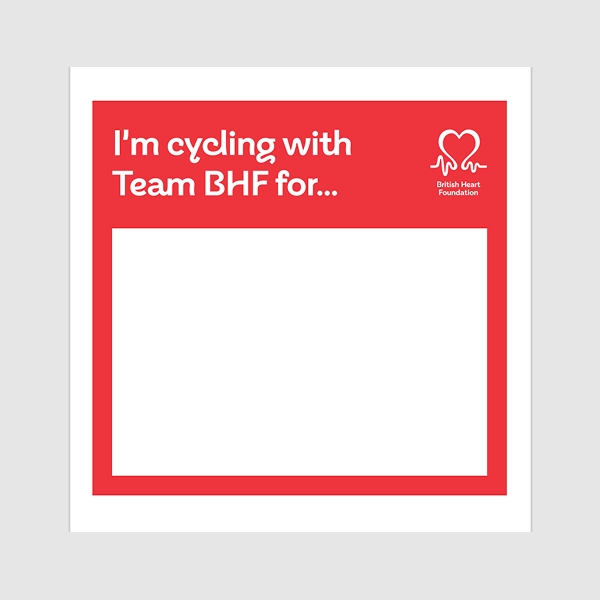 Heart note which says 'I'm cycling with Team BHF for...'