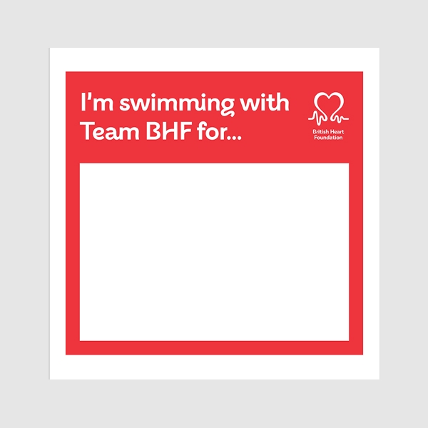 Heart note which says 'I'm swimming with Team BHF for...'