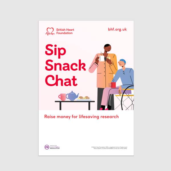 Poster for coffee morning fundraiser with an illustration of 2 people drinking a hot drink