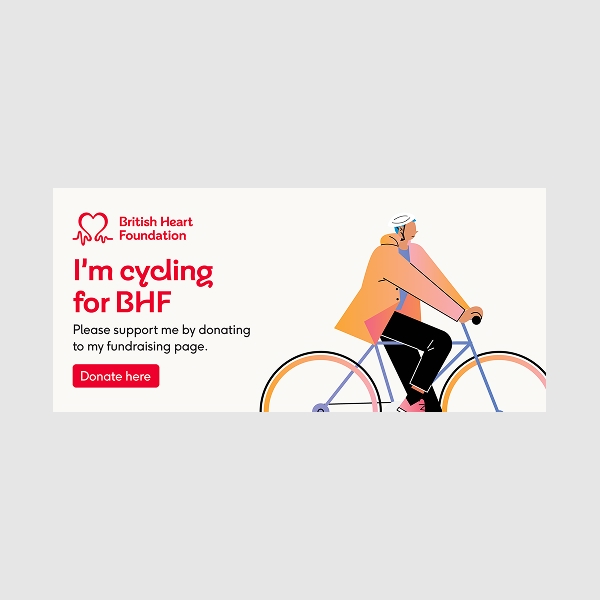 Email banner with illustration of person cycling, with text saying 'I'm cycling for BHF'