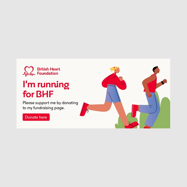 Email banner with illustration of person running, with text saying 'I'm running for BHF'