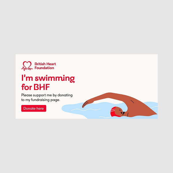Email banner with illustration of person swimming, with text saying 'I'm swimming for BHF'