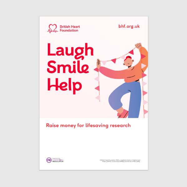 Generic fundraising poster with an illustration of a person with bunting, and text saying 'Laugh, smile, help'