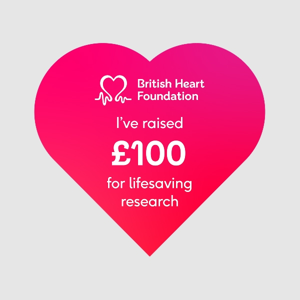 1x1 heart shaped social media badge which reads 'I've raised £100 for lifesaving research.'