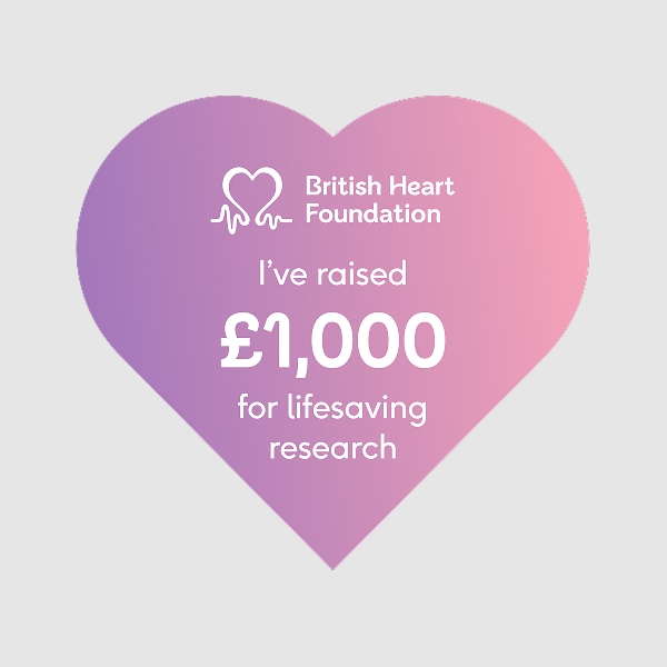 1x1 heart shaped social media badge which reads 'I've raised £1000 for lifesaving research.'