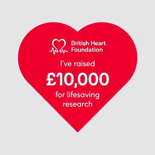 1x1 heart shaped social media badge which reads 'I've raised £10,000 for lifesaving research.'