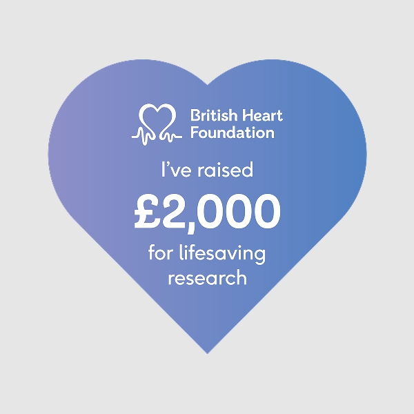 1x1 heart shaped social media badge which reads 'I've raised £2000 for lifesaving research.'