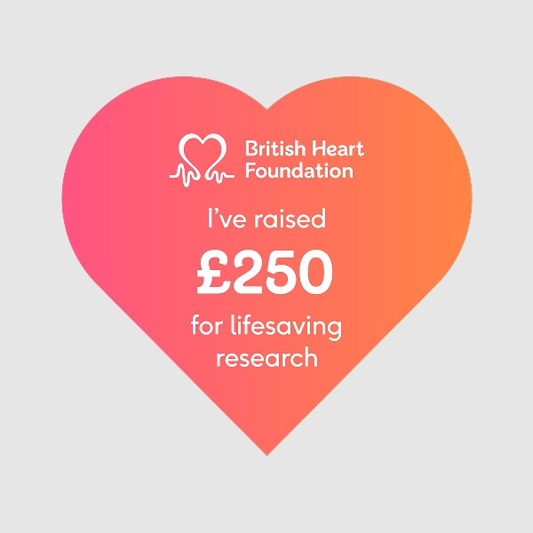 1x1 heart shaped social media badge which reads 'I've raised £250 for lifesaving research.'