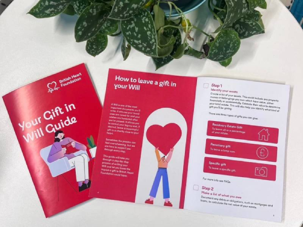 A copy of BHF's Your Gift in Will guide opened up on a page titled 'How to leave a gift in your Will'