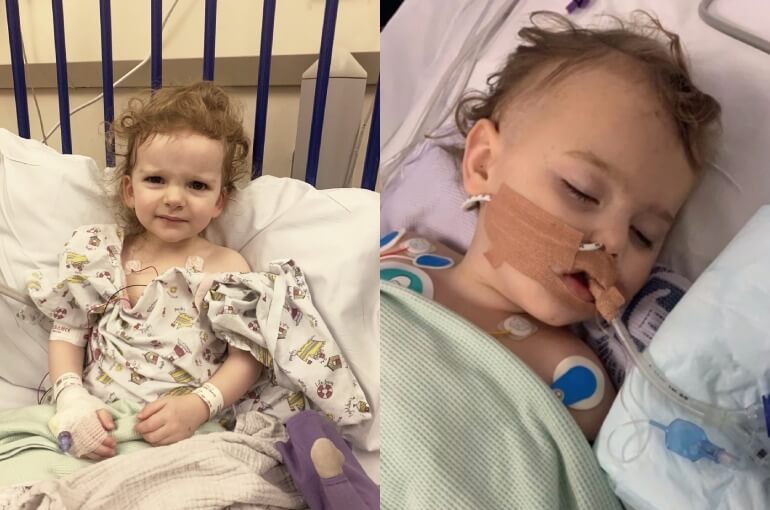Collaged image of Young Heart Hero Award nominees Evelyn and Rumi in their respective hospital beds