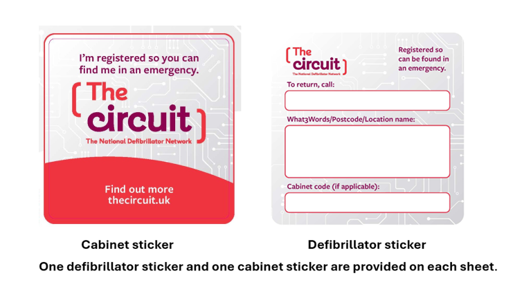 Defibrillator cabinet sticker and defibrillator sticker. One defibrillator sticker and one cabinet sticker are provided on each sheet.
