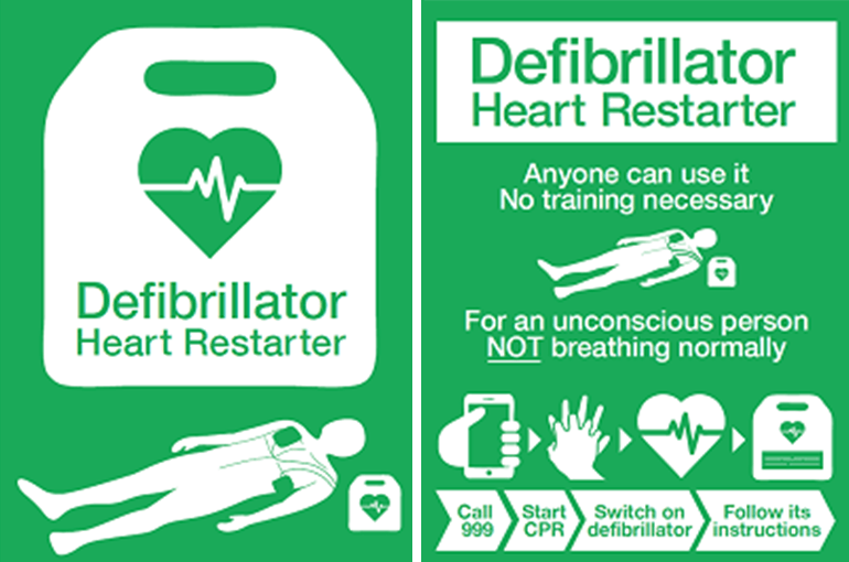 Defibrillator sign and poster - British Heart Foundation - BHF