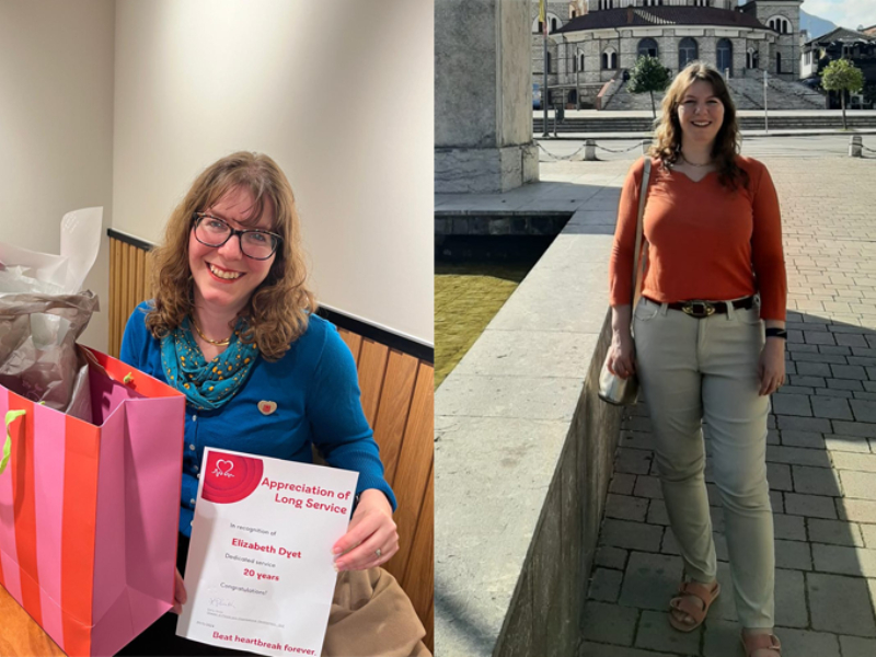 Elizabeth holding a certificate for long service at BHF.