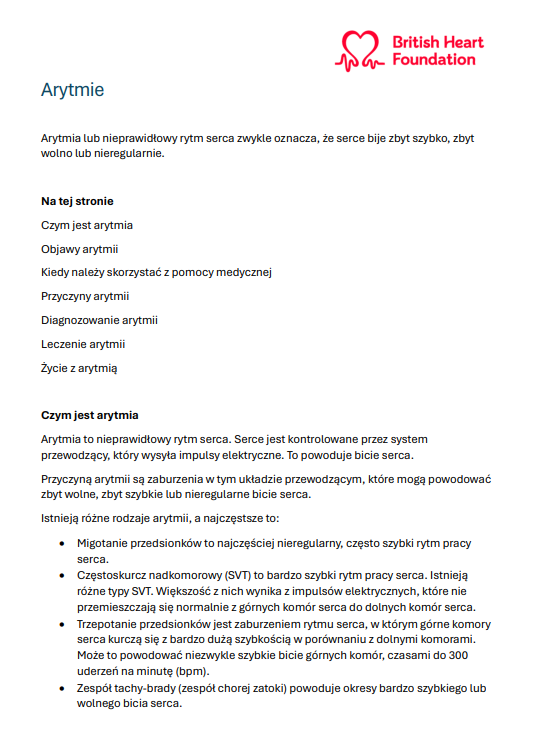 Niemiarowość (Arrhythmia) Download the PDF below for trusted BHF information about arrhythmia symptoms, causes and treatments in Polish
