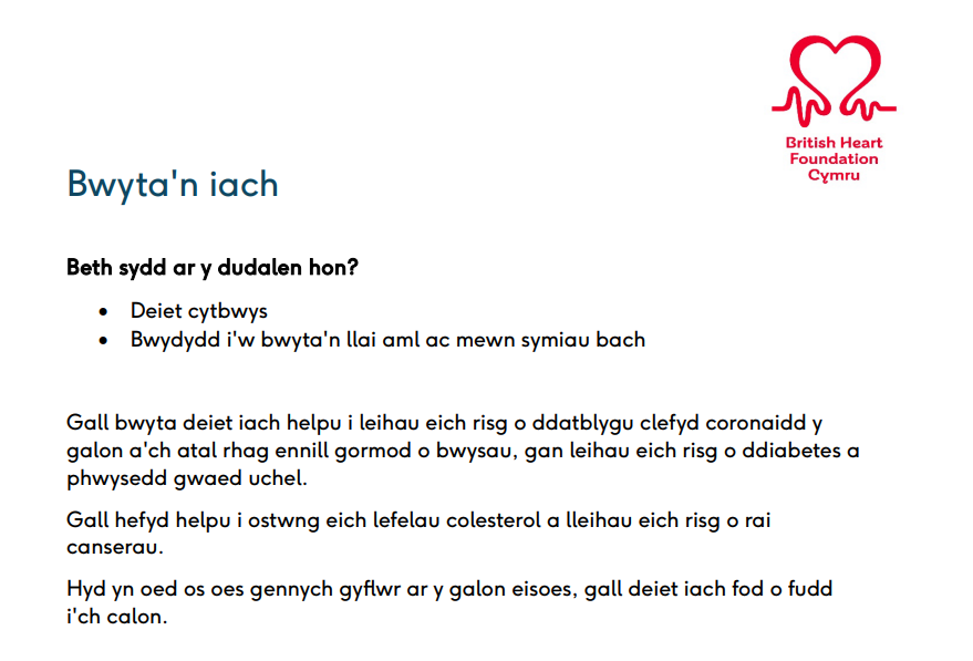 This healthy eating information and support page has been translated into Welsh. Find out what fats to have more of, and what to have less of. We also cover portion sizes, heart healthy foods and alcohol.
