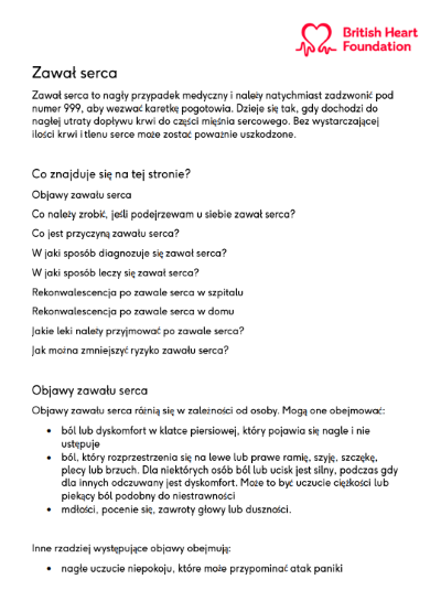 Heart attack (Zawał serca) in Polish. Download the PDF for trusted BHF information about heart attack symptoms, causes and treatments in Polish