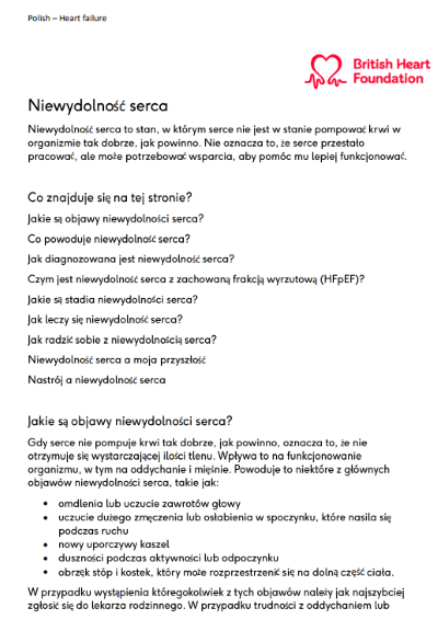 Heart failure (Niewydolność serca ) in Polish. Download the PDF for trusted BHF information about heart failure management, causes and treatments in Polish.