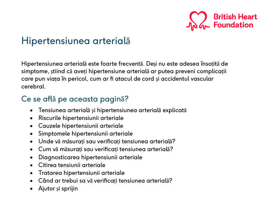 This high blood pressure page (Tensiune arterială crescută) has been translated into Romanian. Download the PDF for trusted BHF information about high blood pressure, causes, treatments and tips for managing it.